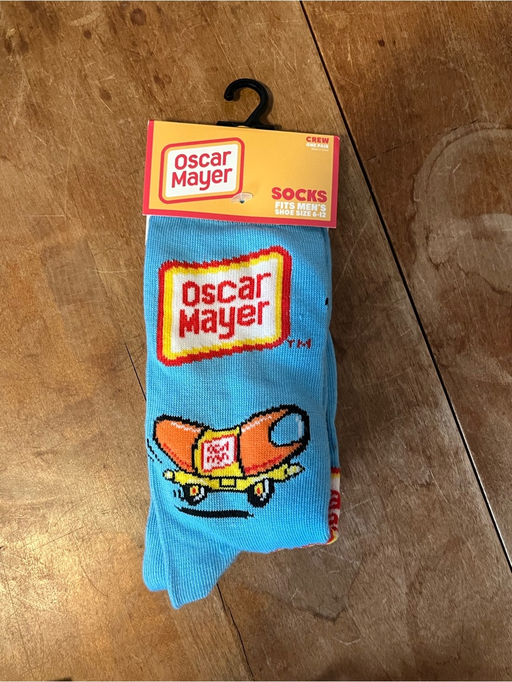 Men's Crew Socks in Light Blue with Wienermobile Design